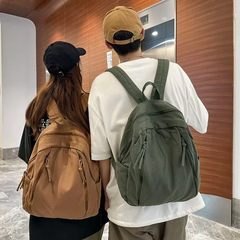 American Style Cool Canvas Backpack Women 2023 Solid Color Unisex High Capacity Student College Backpack Girl Boy Travel BookBag