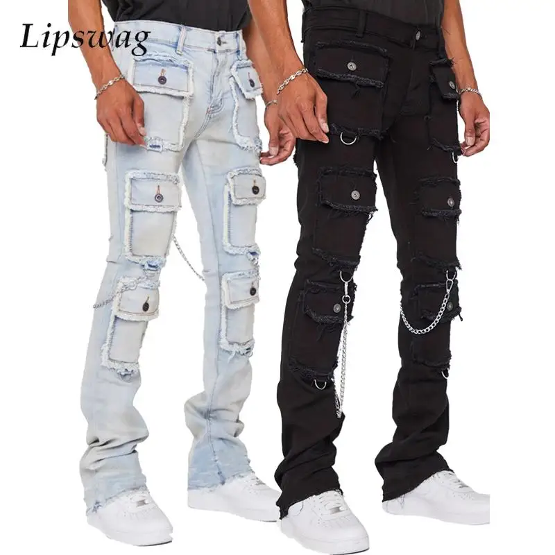 

Fashion Men Jeans Y2K Aesthetic Denim Trousers Mens Elastic Slim Straight Jean Pants Streetwear Men's Multi Pockets Cargo Jeans