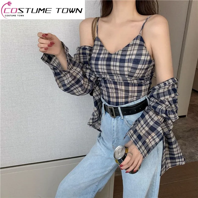 2023 New Two Piece Set Plaid Shirt Women's Loose Fitting Korean Summer Retro Hong Kong Style Outwear Tank Top