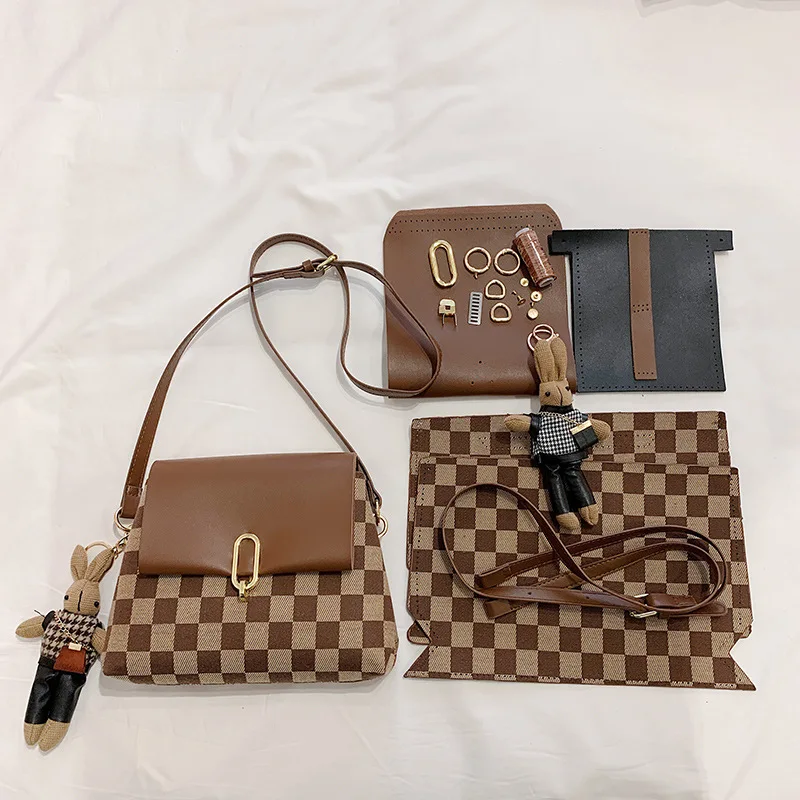 New Arrival 4 Colors PU Material Set for Phone Coin Bag Checkerboard Joint Color Handbag Sewing DIY Shoulder Bag Accessories