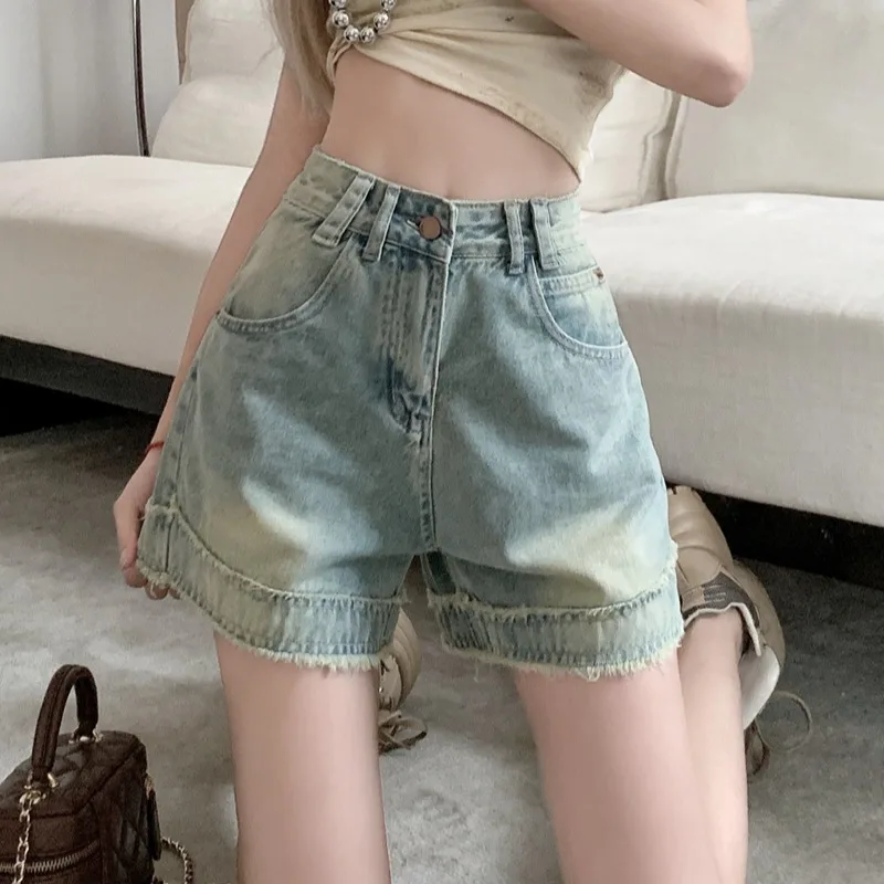 

New Blue Women High Waist Y2K Fashion Straight Vintage Streetwear Denim 2023 Summer Loose Femme Denim Short Pants