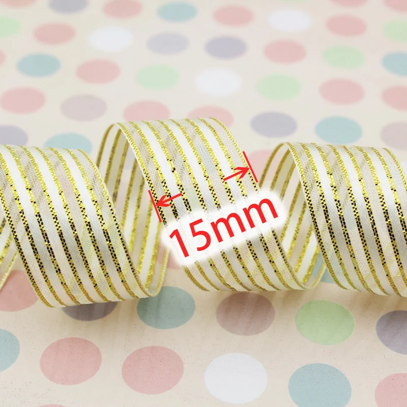 15mm Gold White Stripe Double Face Organza Gift Packaging Ribbon High Quality Wedding Shiny Ribbons Handmade DIY Ribbon Crafts