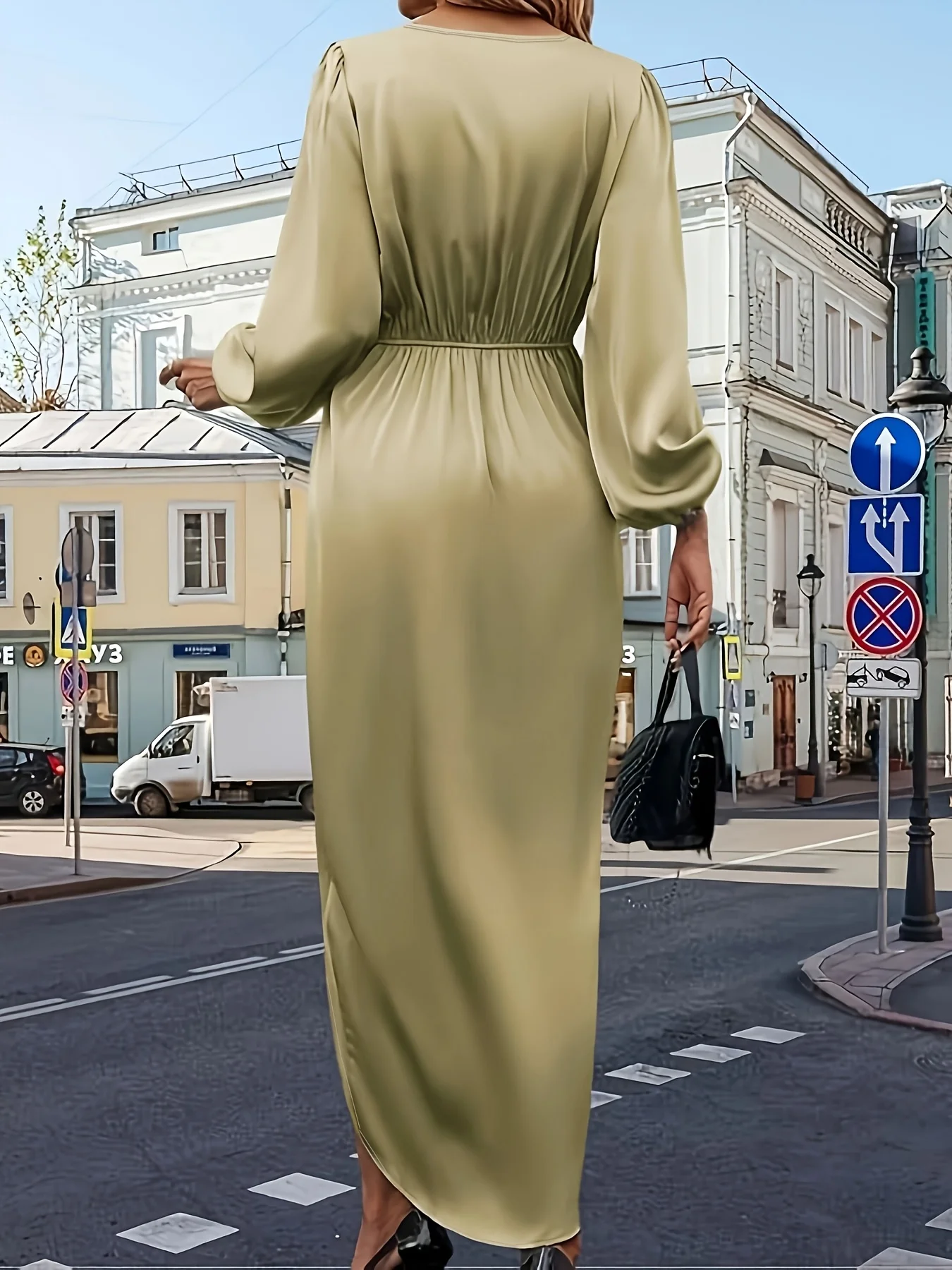 فستان صيفي نسائي كاكي مقاس كبير منسوج من الساتان ب...