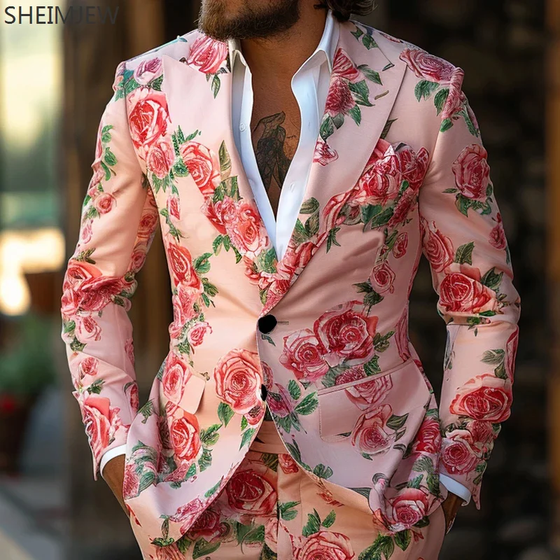 Traje de flores con estampado colorido rosa para hombre, traje