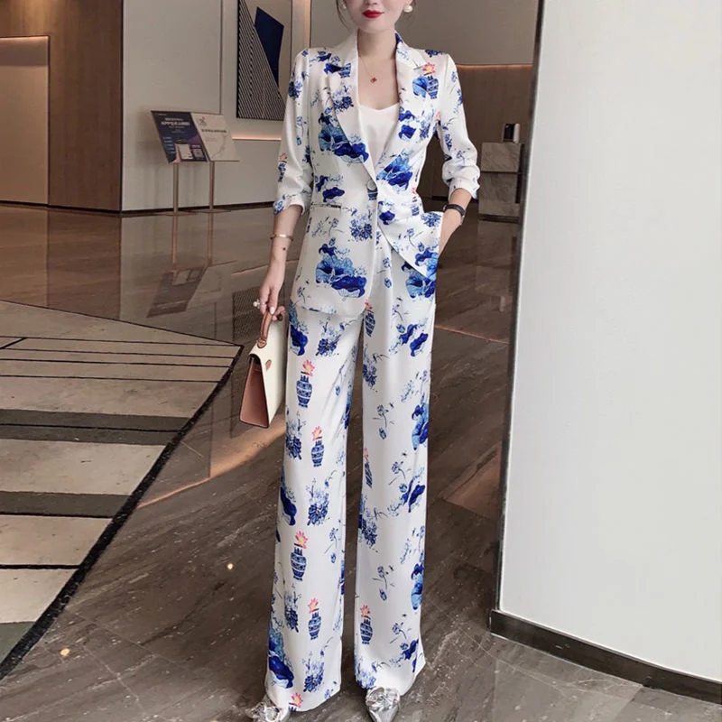 Satin Suit Women's Leisure Summer New Fashion Blue And White Porcelain Printing Two Piece Slim Wide Leg Womens Cargo Pants Oodji eight treasures seal inkpad calligraphy mud printing four treasures weight 15g 30g blue white porcelain clay box ink pad