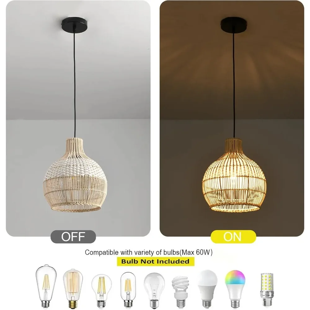 30CM Rattan Pendant Light Fixture Mini Hand-Woven White Rattan Chandelier Boho Wicker Hanging Lamp for Dining Living Kitchen