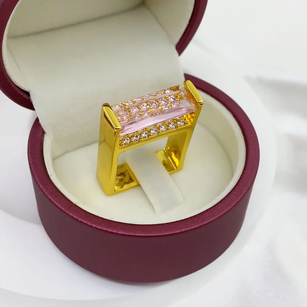 14K Gold Inlaid Pink Geometric Rectangular Ring Women's Wedding Gift Pink Gem Party Ring wedding rings gold rings gemstone ring