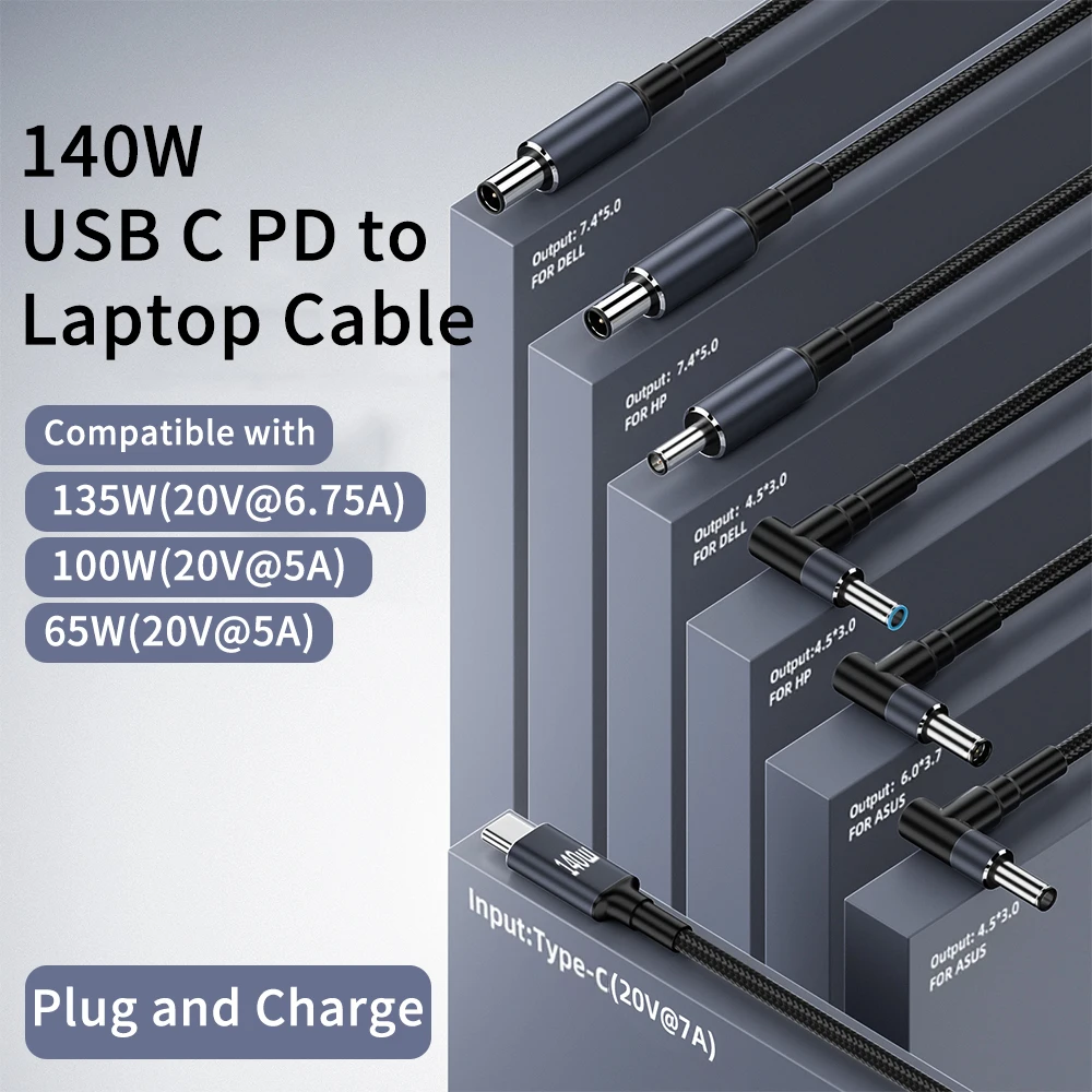 

140W USB C PD to DC Universal Laptop Charger Cable for Asus Dell Hp 5.5X2.5 7.4X5.0 4.5X3.0mm DC Power Adapter Converter 1.8M