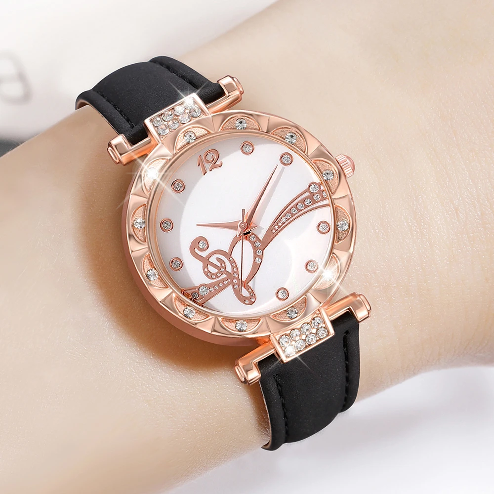 Simple Luxury Love Element Leather Strap Watch Black Casual Fashion Quartz Watch 1PCS for Her (No Box)
