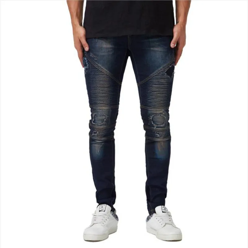 Mens Casual Skinny Jeans Stretch Pleated Denim Pants Men Jeans Male High Street Locomotive Fashion Hole Trousers Vaqueros Hombre