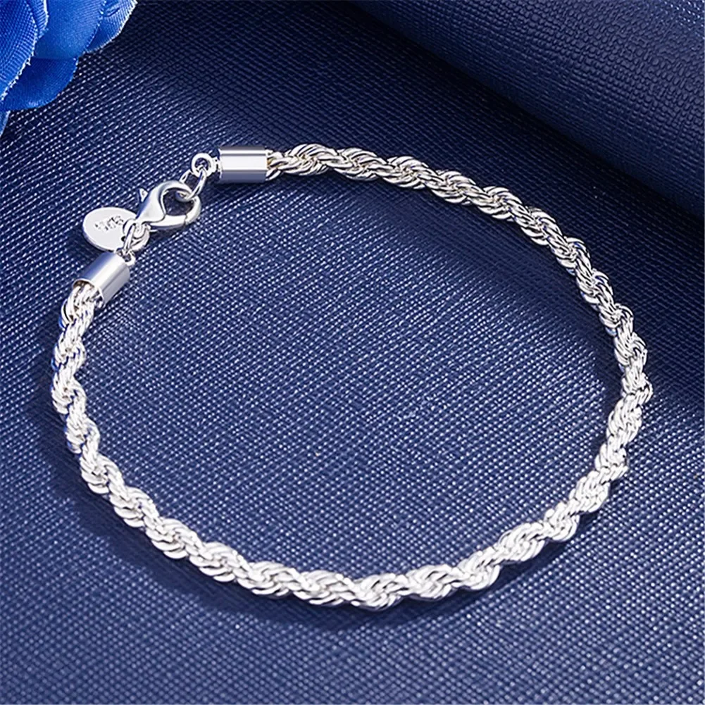 925 Sterling Silver Bracelet 4mm20cm Flat Side Chain Lobster Clasp For Woman Man Wedding Engagement Jewelry 4