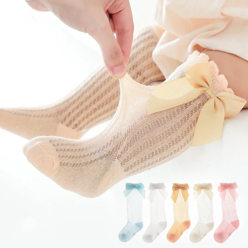 Children Socks Thin Kids Knee High Socks Baby Girls Boys Bow Long Sock Soft Cotton Mesh Breathable for 0-3 Years