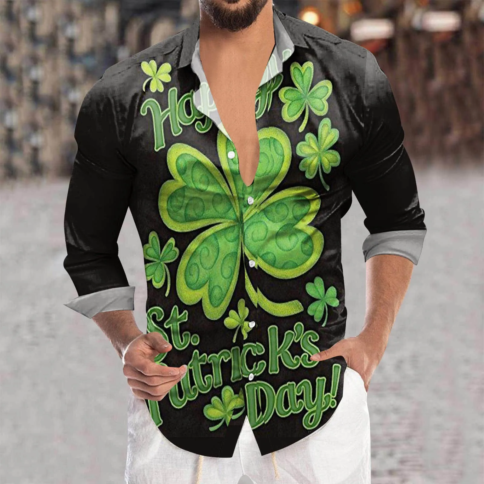 

Mens St. Day Digital 3D Printed Button Lapel Long Sleeve Shirt Top Loose For Spring Autumn Party