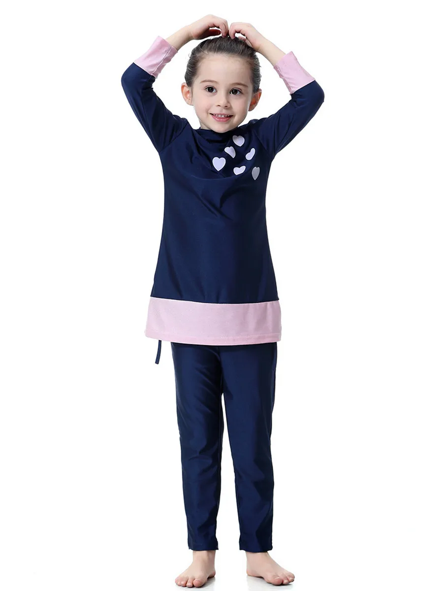 

Muslim Kids Girls Traditional Modest Abaya swimsuits Two-pieces Suit Children Love Hooded Burkini Musulmane Islam Clothing Set