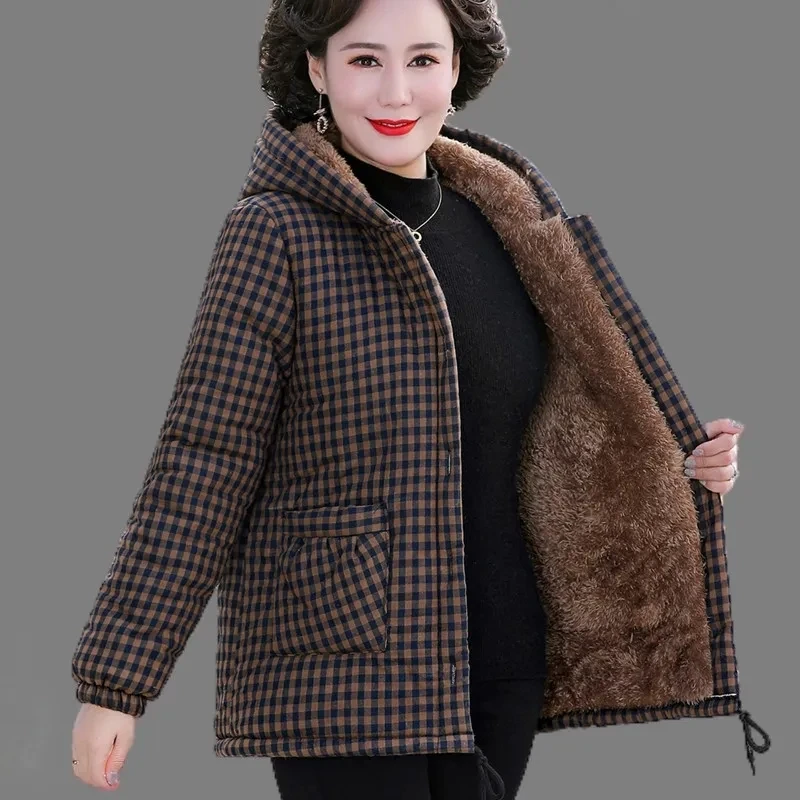 

2024 NEW Cotton-Padded Clothes Middle-Aged Elderly Women Cotton Coat Parkers Thickened Hooded Plaid Winter Jacket Overcoat