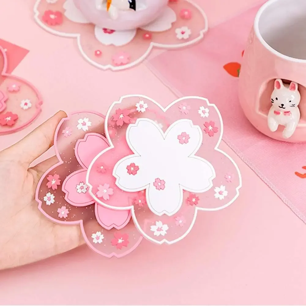 Coaster 2PCS Cute Cherry Blossom PVC Home Tea Mug Pink Flower Pattern Anti-Skid Pot Bowl Pad Placemat for Desk Drink
