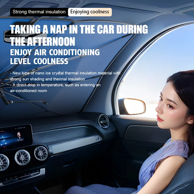 Ombrello Parasole Per Auto - 140x74 Cm, Protezione UV, Rotazione 360°, Per Parabrezza, Argento/Nero - Foto 8