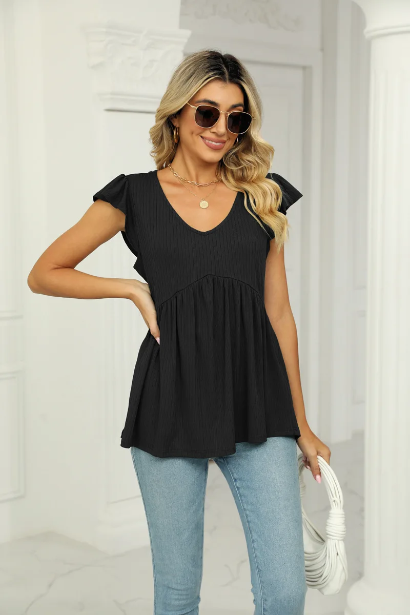 Summer Cute Babydoll Bloues Flare Tunic Loose Peplum Pleated V Neck Short Sleeve Plain Woman Tshirts Knit Rib T Shirt Tees Top