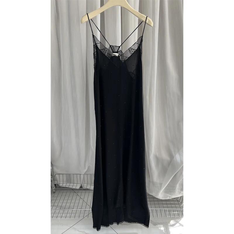 Zadig Solid Black Dress Women Casual Long Halter Dresses Ladies Elegant Slip Backless Robes Chic Lace Diamonds Jupes Female 4