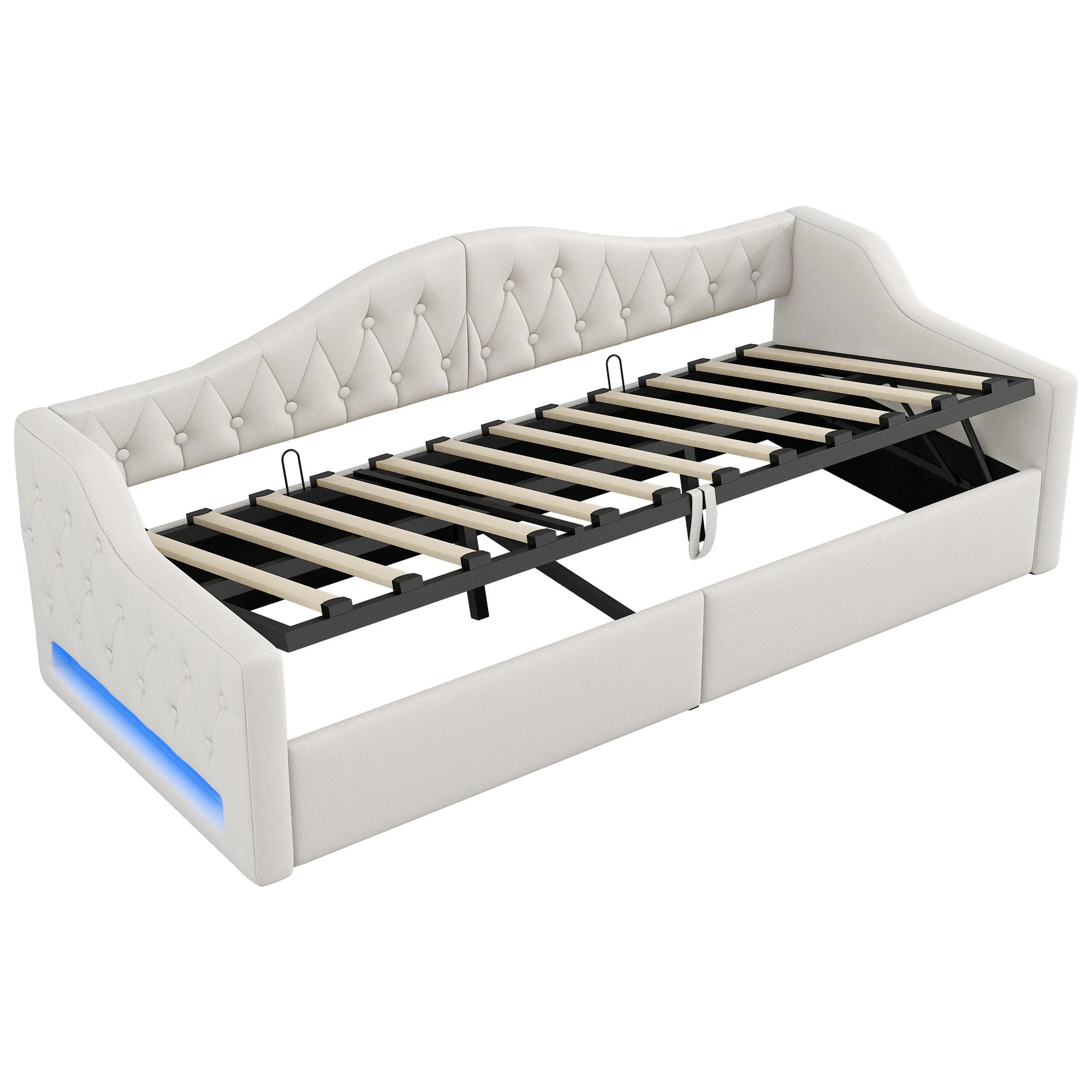 Gepolstertes Tagesbett 90x200 mit LED-Band und Stauraum darunter, beige Kombiartikel MDF, Sperrholz, gepolstert – Detail 17
