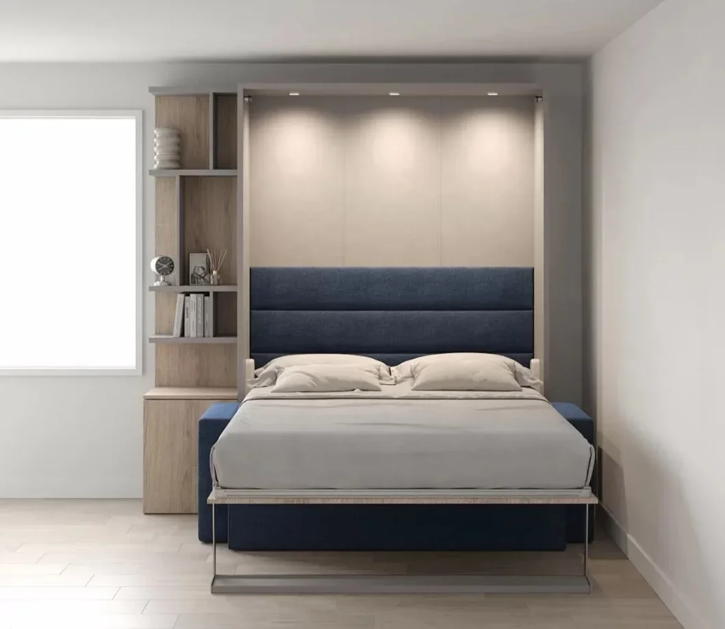 thumbnail image 1 of Cama oculta moderna personalizada, ahorro de espacio, camas de pared plegables murphy de tamaño queen doble con sofá, 1 of 3