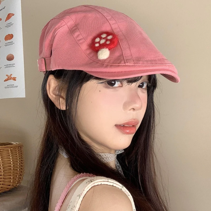 여성용 귀여운 펠트 버섯 레트로 전진 모자, 용수철 및 여름 여행 자외선 차단 패션, 다목적 한국 캐주얼 베레모