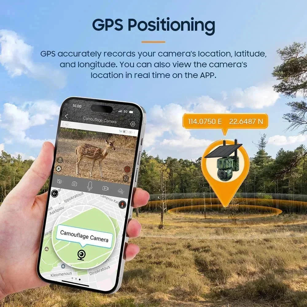 Outdoor Low-power Solar 4G Monitoring Camera Camouflage GPS Positioning Hunting Camera 3MP High-definition Night Vision