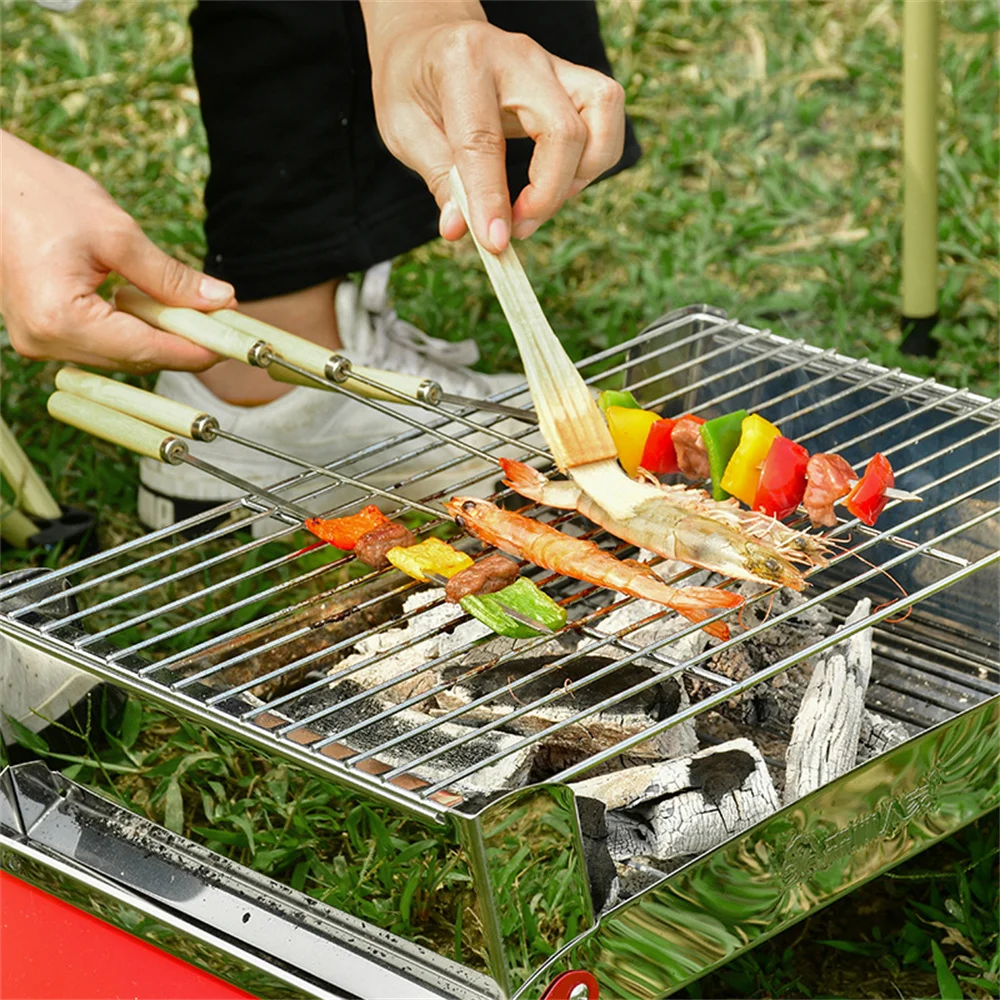 Barbecue Skewers Barbecue Tools Flat Skewers Stainless Steel Needle with Wooden Handle for Grill Barbecues Outdoor Kitchen Dining Bar Picnic Cooking BBQ Gadgets