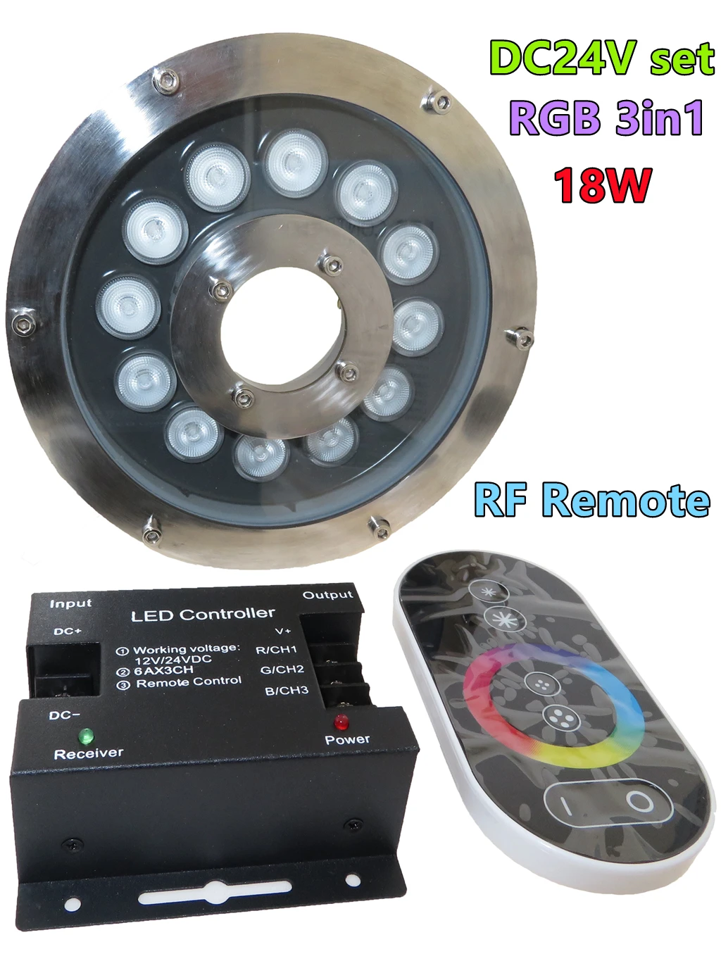 

Colorful Controller Control RGB 3in1 18W RGBW 4in1 24W LED Fountain Lamp DC24V Automatic Change Color IP68 Swimming Pool light