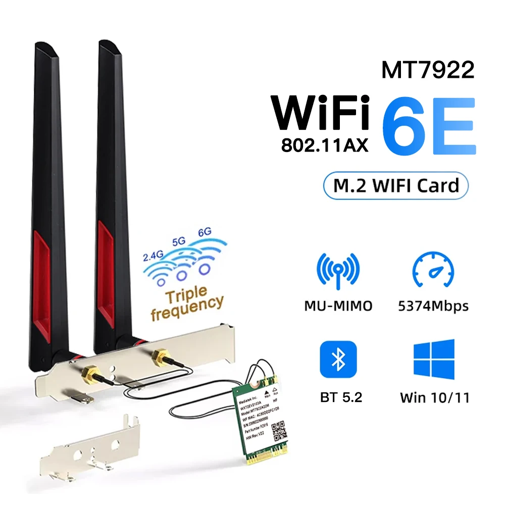 WiFi6E MT7922 Bluetooth 5.2 беспроводной адаптер 2,4/5G/6 ГГц M.2 NGFF 5374M сетевая карта с комплектом антенн для ПК/ноутбука для Win10/11 WiFi6E MT7922 Bluetooth 5.2 беспроводной адаптер 2,4/5G/6 ГГц M.2 NGFF 5374M сетевая карта с комплектом антенн для ПК/ноутбука для Win10/11