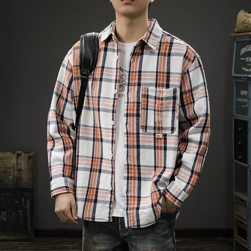 

Мужская хлопковая рубашка в клетку, свободная повседневная рубашка в стиле ретро с длинными рукавами и отложным воротником, весна 2019