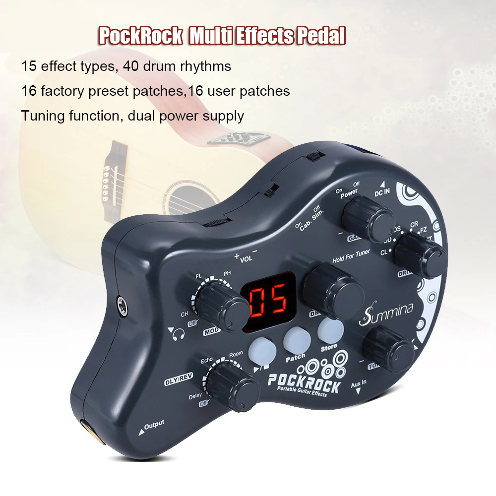 

PockRock Portable Guitar Multi-effects Processor Effect Pedal 15 Effect Types 40 Drum Rhythms Tuning Function