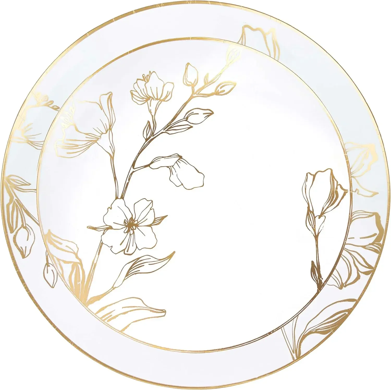 64 Piece Combo Plates Set includes 32 7'' inch Plates&32 10'' inch Plates White Plastic Floral Design Party With Gold Rim