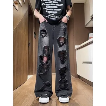 Trendy Baggy Jeans For Men Distressed Loose Fit Denim Pants American Streetwear Style Summer Wide Leg Trousers 1