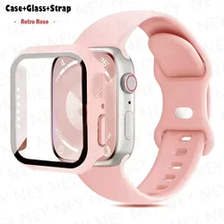 Stylish Silicone Bracelet for Apple Watch - Glass Case with Watchbands (Vintage rose 32)