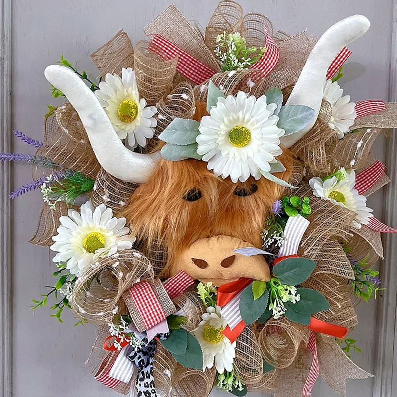 

Spring Artificial Highland Cow Silk Flower Wreath Home Front Door Decoration Realistic Garland Christmas Window Hanging Ornament
