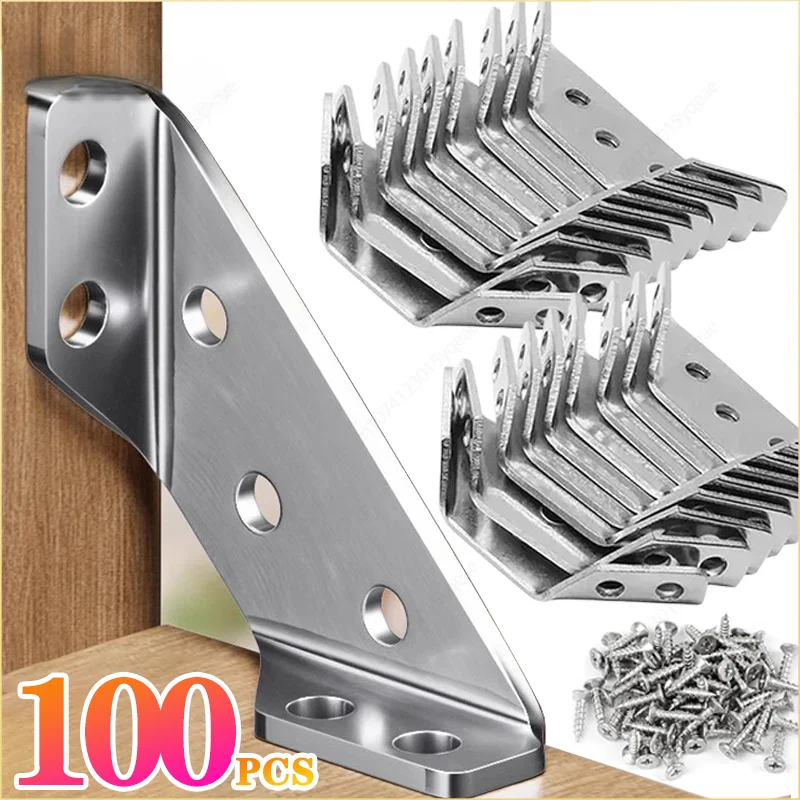 Stainless Steel Angle Bracket 100PCS Corner Brackets Furniture Angle Shelf Connector Cabinet Support Fixing Frame Corner Brace With Screw