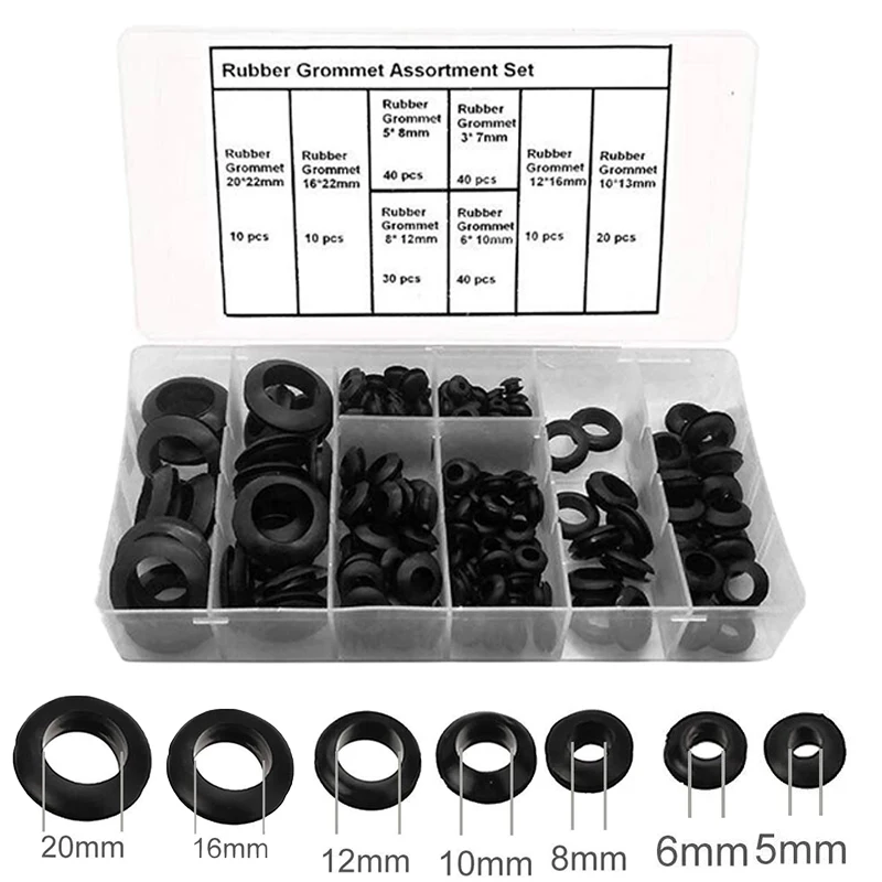 Borracha Grommet 10 12 16 20 mm de Cobertura Buraco Cablagem Cabo Junta Sortimento Conjunto para Protege o Cabo de Fio 200 Peças de