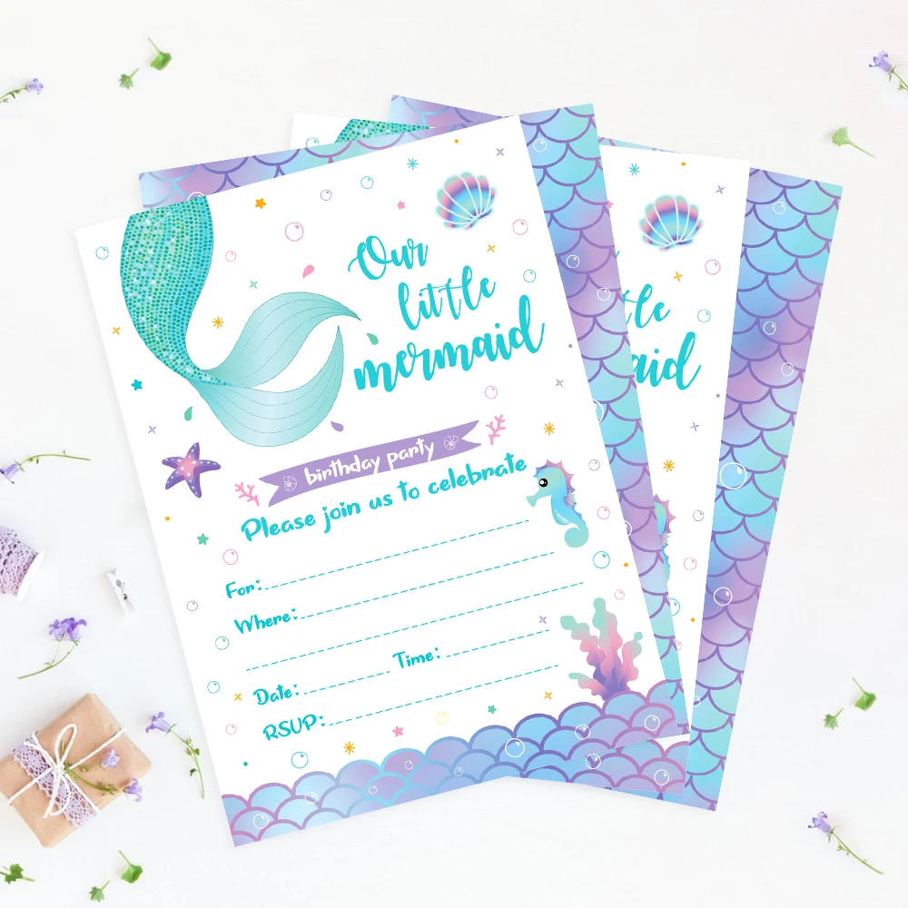 10X Cartoon Mermaid Shell Invitation Letter Girls Wedding Birthday Party Single Page Greeting Cards Baby Shower Party Decoration