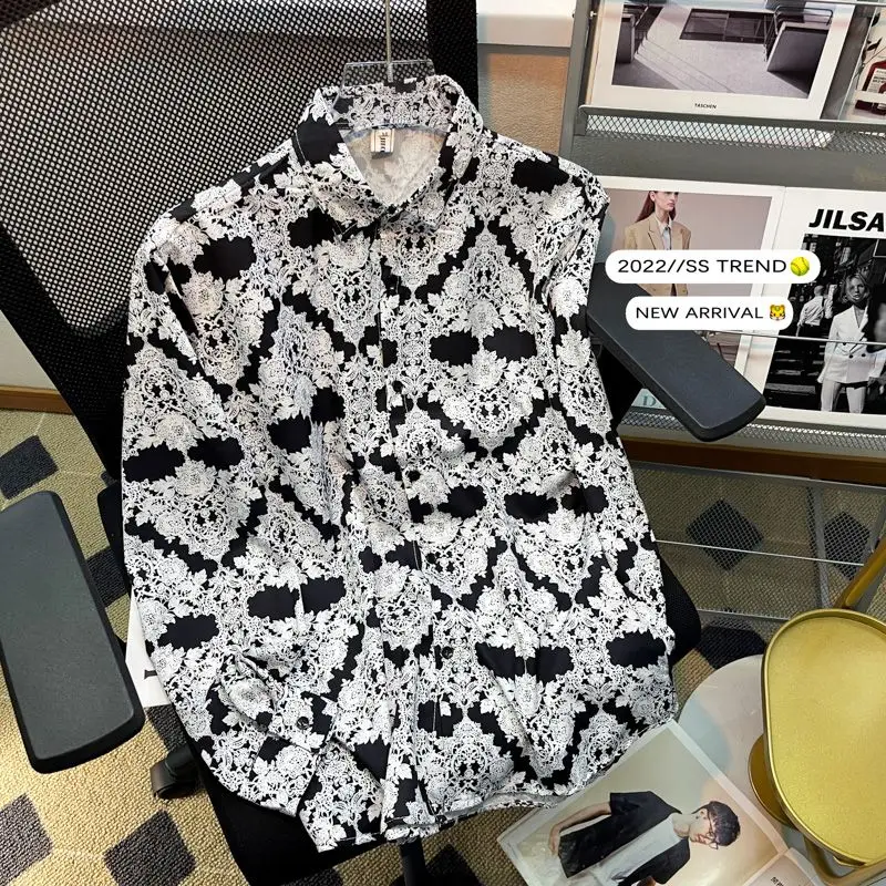 2023 New Spring and Autumn Fashion Niche Print Casual Loose Fried Street Ins Korean Version Trend Long Sleeved Men's Shirts