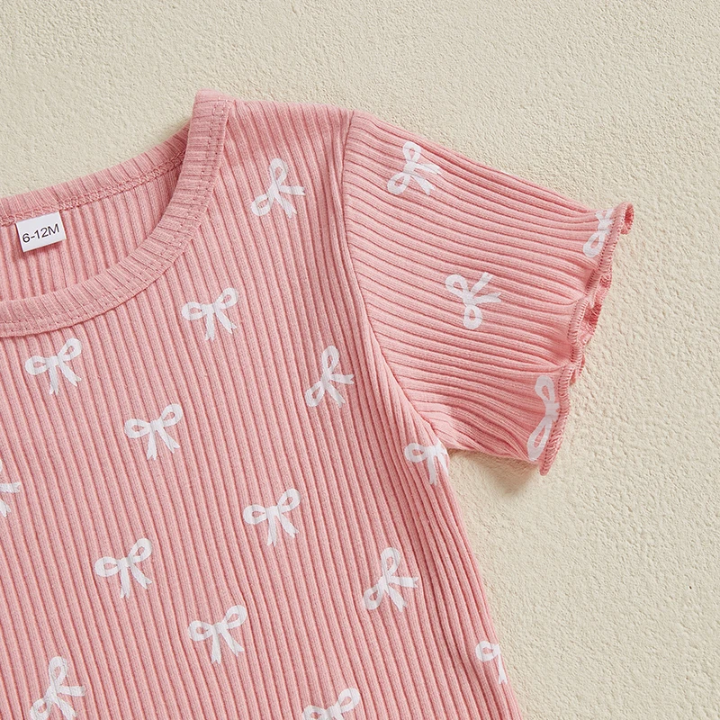 Baby Toddler Girl Bow Ribbed Outfit Lettuce Trim Short Sleeve Tops Elastic Waist Shorts 2 Piece Summer Set