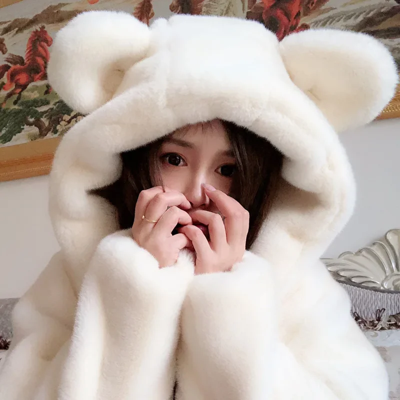 2023 Winter New Cute Fashion Hooded Big Ears Lamb Wool Mid-Length Coat Female Loose Warm Sweet Student Elegant Faux Fur Jacket