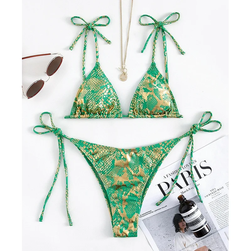 Sexy Bikinis Shiny Snakeskin Print Swimwear Women Lace Up Bathing Suit