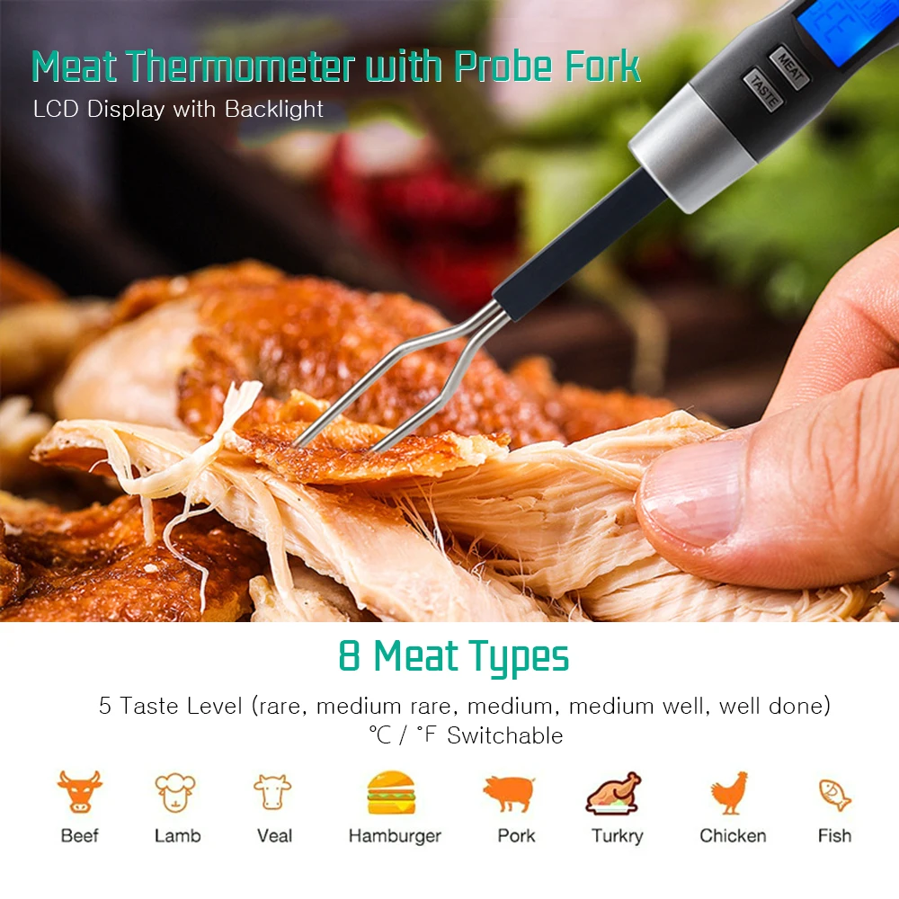 Meat Thermometer with Probe Fork Kitchen Thermometer Digital Cooking  Thermometer BBQ Temperature Meter for Barbeque Grill Oven