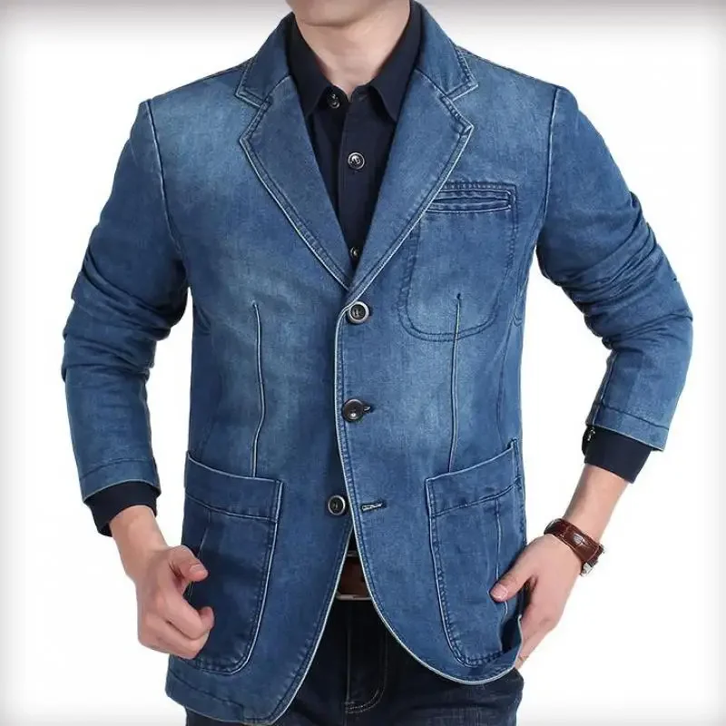 Spring Casual Men Suit Collar 3xl 4xl Denim Blazer Coat , Autumn Male Man Single Breasted Elbow Patchwork Jeans Blazers Coats