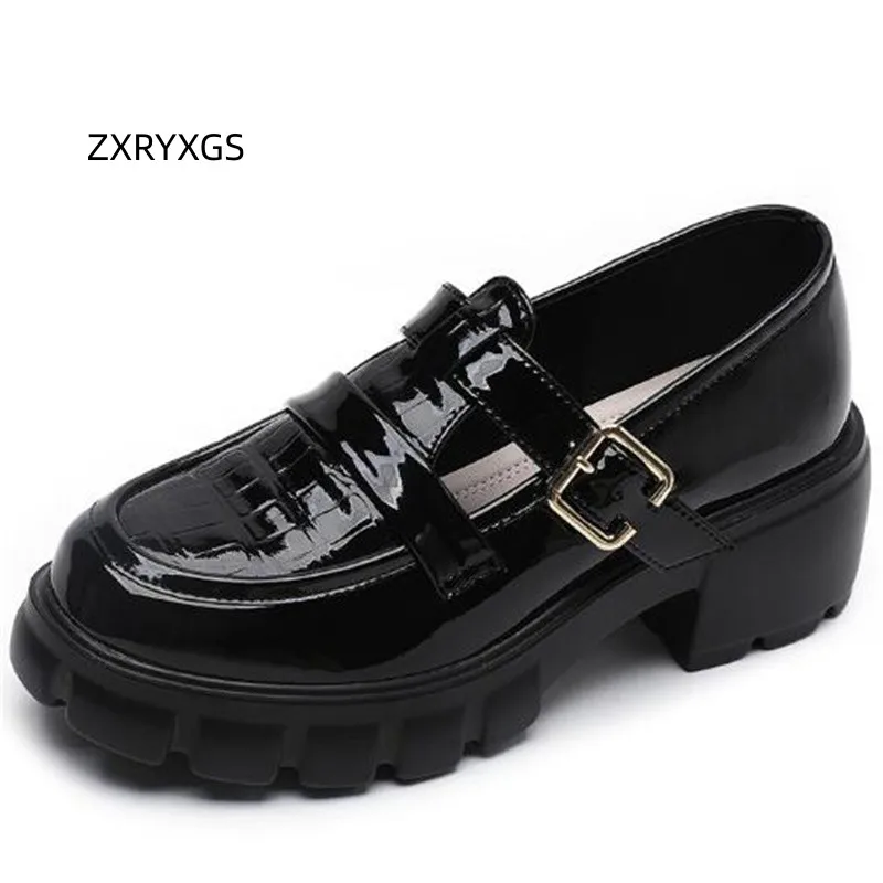 

ZXRYXGS 2023 Autumn Top Cowhide British Style Round Toe High Heels Women's Lacquer Leather Shoes Black Thick Sole Elevated Shoes