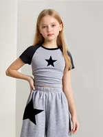 2-Piece Girls' Set, Five-Pointed Star Pattern, Gray Wide-Leg Sweatpants, Suitable for Spring, Autumn, and Summer 4