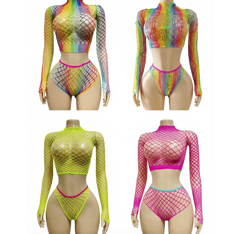 Rainbow Hollow Out Stretch Mesh Cover Up Swimsuit Set for Music Festival Vacation Beach Wear Long Sleeve High Neck Sexy Bikini T 1