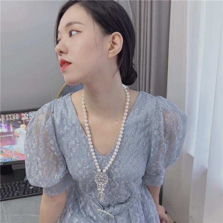 

22“ Natural White Round Pearl Necklace Silver Crystal CZ Pendant For Women