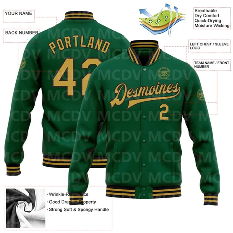 Custom Kelly Green Old Gold-Black Bomber Full-Snap Varsity Letterman Jacket